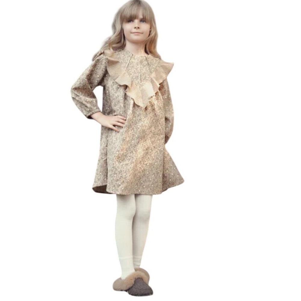 Maniere Girls Tan Floral Ruffle Long Sleeve Dress Size 6 Brown Ditsy Print Lined